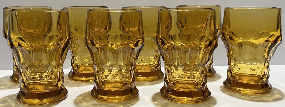 Set of 8 Anchor Hocking Georgian Honeycomb Amber/Topaz Panel Tumblers~SIGNED~5″