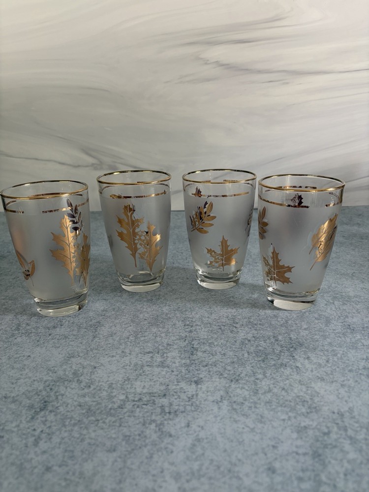 Vintage Set Of 4 Libbey Frosted w/ Gold Leaf Beverage Tumblers 4.5”