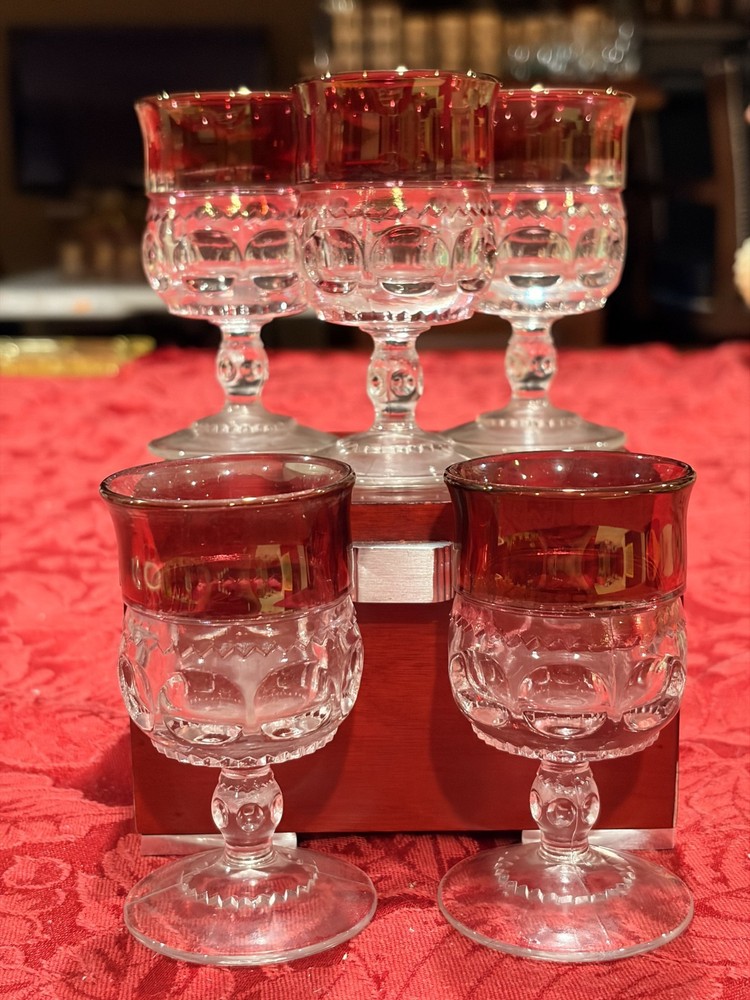 Vintage Tiffin Franciscan Kings Crown Ruby Flash Thumbprint Cordials Set of 5