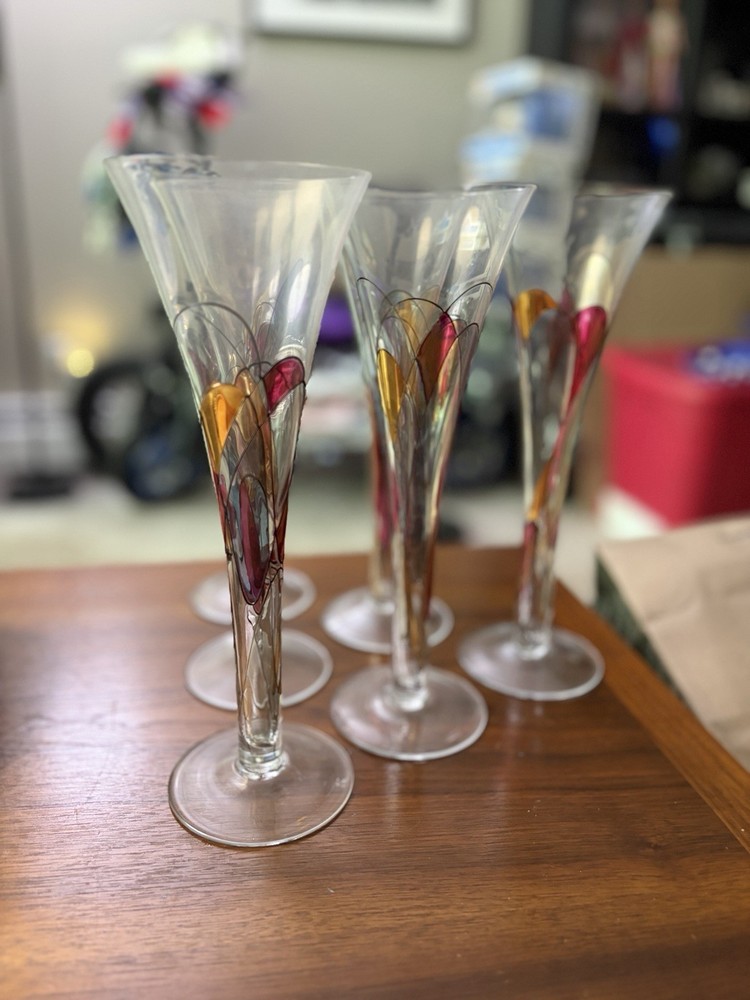 Lot Of 6x Colorful Mosiac Luminescence Flute Champagne Glasses Rare HTF