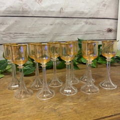 Set of 10 Clear Stem Gold Rim Amber Colored Glass Cordial Aperitif Glasses VTG