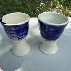 Set of 2 Handcrafted Pottery Goblets Cups Blue & White Snowflake Pattern Signed