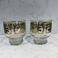 2 Vtg MCM STARLYTE 22K Gold Frosted Green Footed Cocktail Glass Culver Style