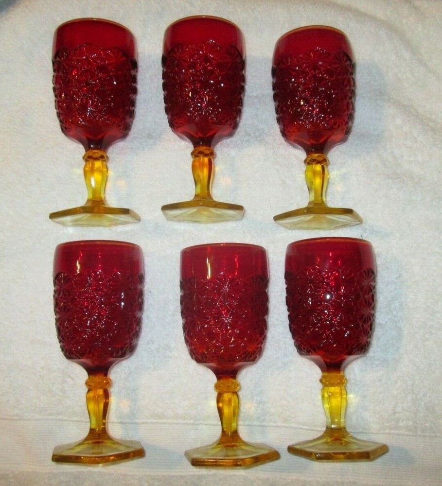 Smith Amberina Glass Water Goblet Daisy & Button Hexed Foot Circa 1940 – 1960