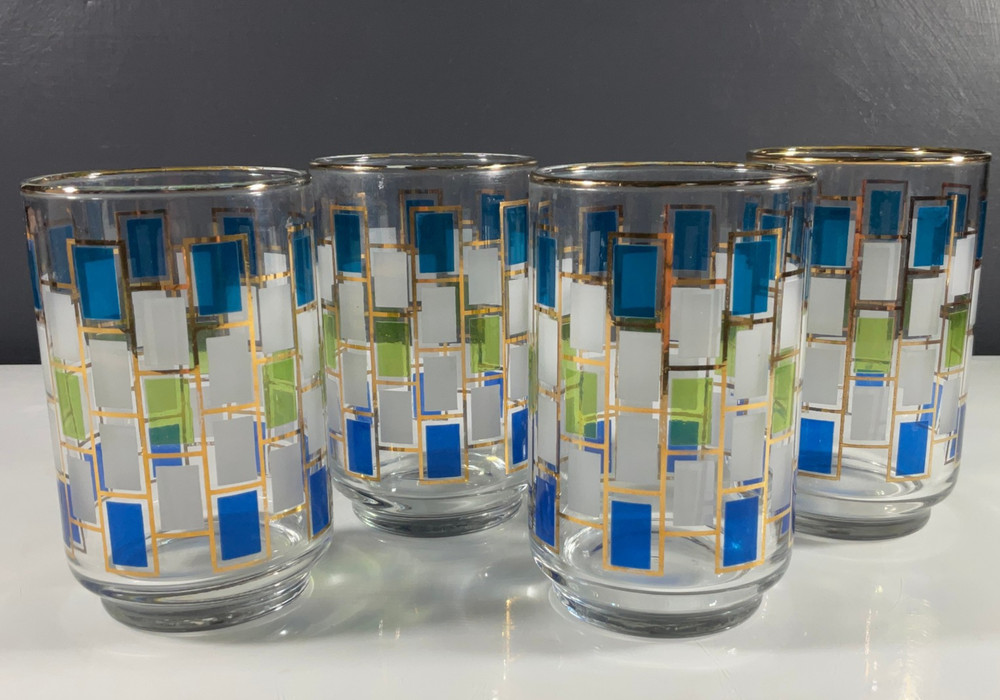 Libbey Glass Nordic 10 oz Flat Tumbler Blue Green & White Gold Trim Set of 4 VTG