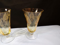 Set of 5 Fostoria Topaz Yellow Glass Trojan Ice Iced Tea Goblets Footed Tumblers