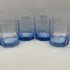 4 Libbey Facets Light Blue Old Fashioned Glasses Textured Octagon Tumblers EUC
