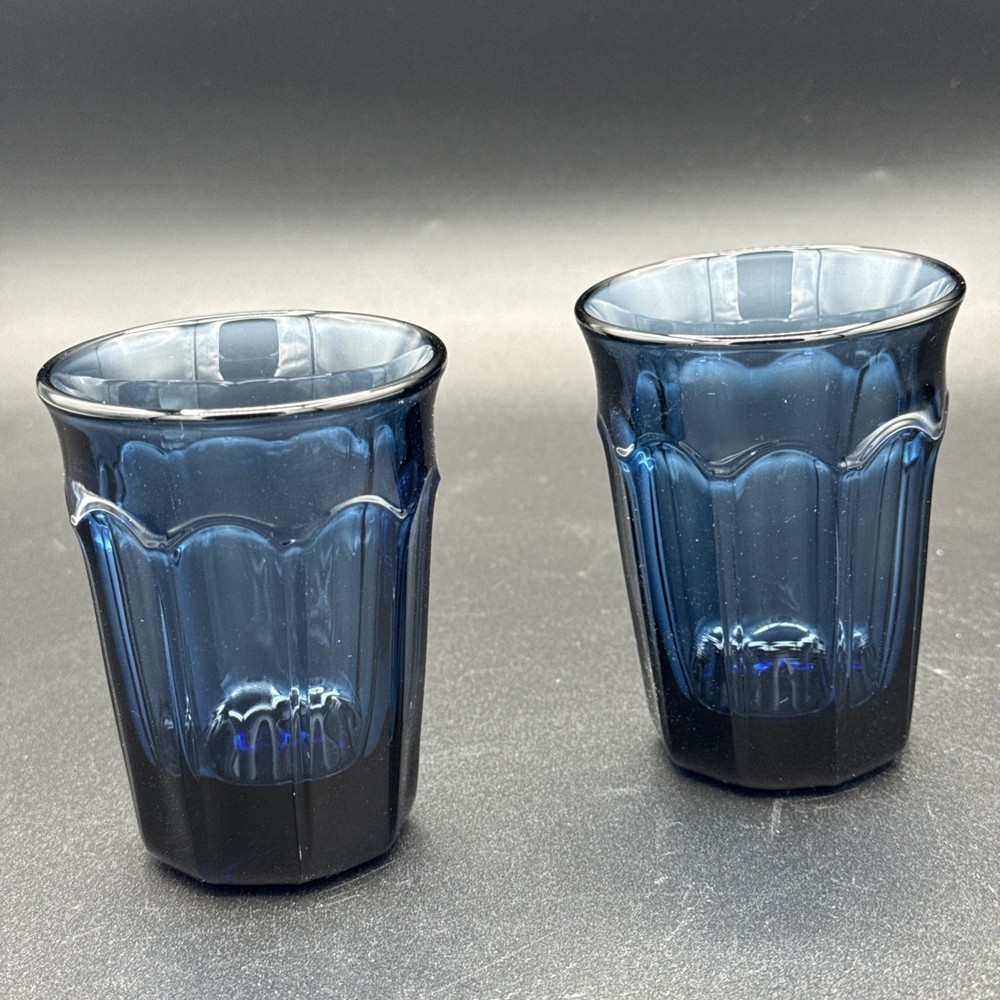 Set Of two Noritake sweet swirl collection paneled midnight blue juice glasses