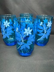Set of 4 ~ Libbey «BLUE MEADOWS» Floral ~ Glass Tumblers ~ 5″ Tall