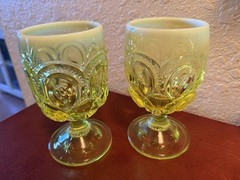 L G Wright/L E Smith Moon & Stars Yellow/Vaseline OPALESCENT GOBLET 6” Set 2
