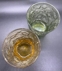 (2) Anchor Hocking Milano Crinkle Honey Gold Amber & Green 7oz Short Rocks Glass