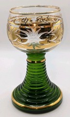 Vintage Roemer Souvenir Wine Glass Green Crystals Ribbed Stem Gold Rim