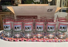 Vtg Indiana Glass Cow Cooler Tea Glasses 16 oz. 8 Piece Set Farm Country NOB