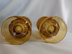 Set 2 Vintage Indiana Whitehall Colony Cubist Amber 6” Footed Iced Tea Glasses