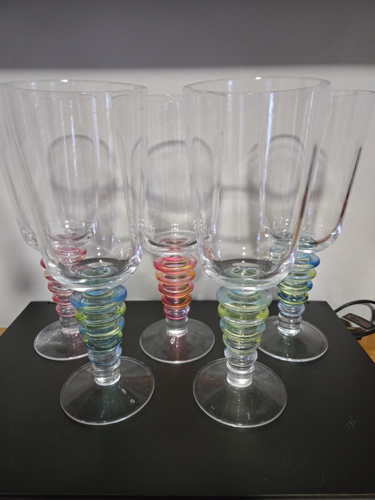 5 LUCITE WATER/WINE GLASSES Rainbow Stem, Carnival Style NEW SET OF 5 Assorted