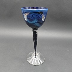 Hand Blown Glass Goblet Blue Swirl Signed Art Glass 9″