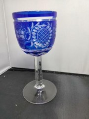 COBALT to CLEAR Cut Wineglass Flower Basket Design and Etched Clear Stem 7″