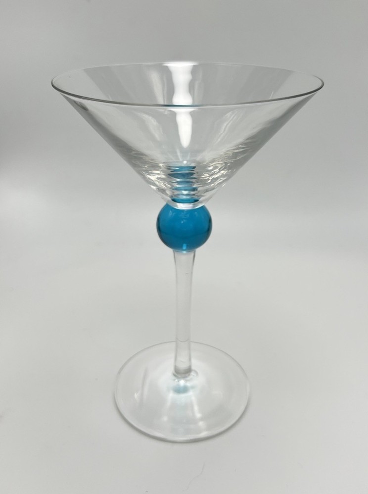 Martini Cocktail Glass Vintage Style Blue Ball Stem Clear Bubble Stem Barware 1