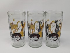 Anchor Hocking Butterflies Cats on Fence 6″ Glass Tumblers, Set Of 6, Vintage