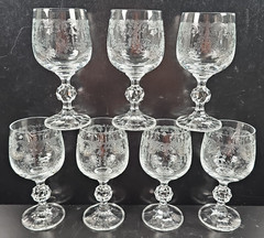 7 Import Assoc Cascade Wine Glass Set Vintage Floral Etch Cut Stemware Retro Lot