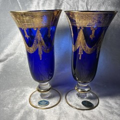 Cristallerie Italiane Cobalt Blue-24K Gold Trim Champagne Flute Set of 2 * Wear