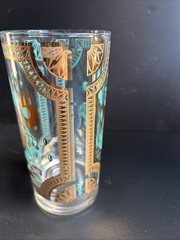 (4) Fred Press Signed Turquoise Trojan Horse Highball Gold Gilded Glasses MCM