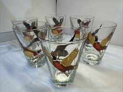 6 Hazel Atlas Pheasant Bar Glasses Old Fashion Ned Smith Game Birds 3 -5/8″
