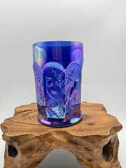 Antique Northwood Singing Birds Electric Cobalt Blue Carnival Glass Tumbler Htf