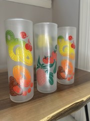 Vintage Mid Century Federal Frosted Glass Tom Collins Iced Tea Tumblers Fruit