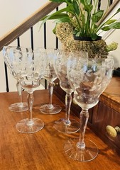 Vintage Weston Crystal Cut Floral Optic Bowl Wine Glass 7 7/8 Set Of 5