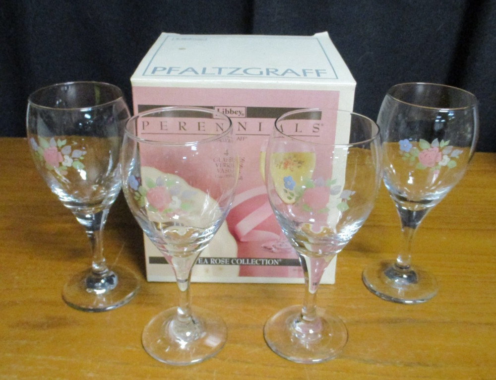 x4 – Libbey Perennials Pfaltzgraff Tea Rose Collection Stemware Glasses – w Box