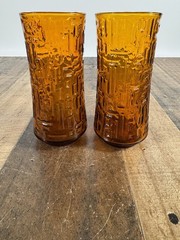 Vintage 70s Libbey Amber/Orange Crinkle Geometric Design Tumbler Glasses -Set 2