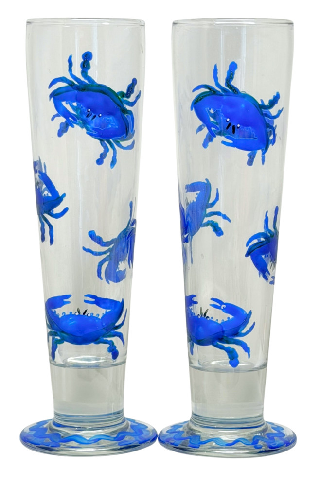 Pair of Footed Pilsner Beer Glasses Weighted Base Hand-Painted Crabs 9.5″H Beach
