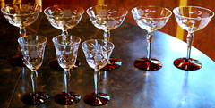 Vtg Set 8 OPTIC WESTON 5 Champagne & 3 Wine RUBY RED FOOT/ CUT FLOWER GLASSES