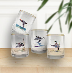 Culver Ned Smith 22K Gold Rim Waterfowl DOF Double Old-Fashioned Glasses, 13.5-O