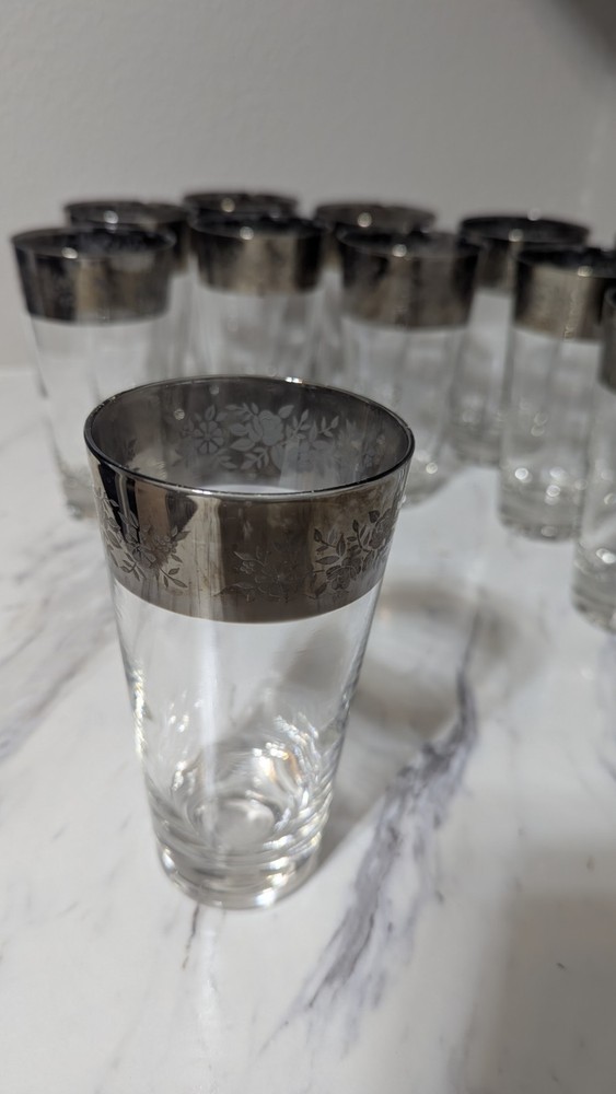 Vintage Silver Rim 12 Oz Tumblers Floral Pattern