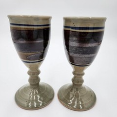 Vintage Studio Art Pottery Handmade Stoneware Wine Goblet 6.75″ Tall Set of 2