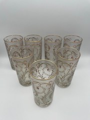 Libbey Frosted Gold Lace Floral Swirl Handpainted Tall Glasses Set of 6