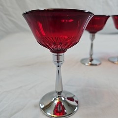Paden City Ruby Red Glasses with removable Chrome Metal Stem Set 4 MCM VTG 1930s