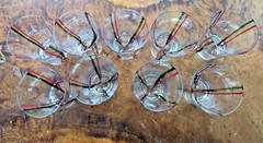 Vintage Clear Drinking Glasses With Green Red Stripes Hand Blown Set Of 9