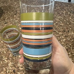 Longaberger Sunny Days Striped Tumbler Glasses Orange Blue Green 6 1/4″ Set of 2