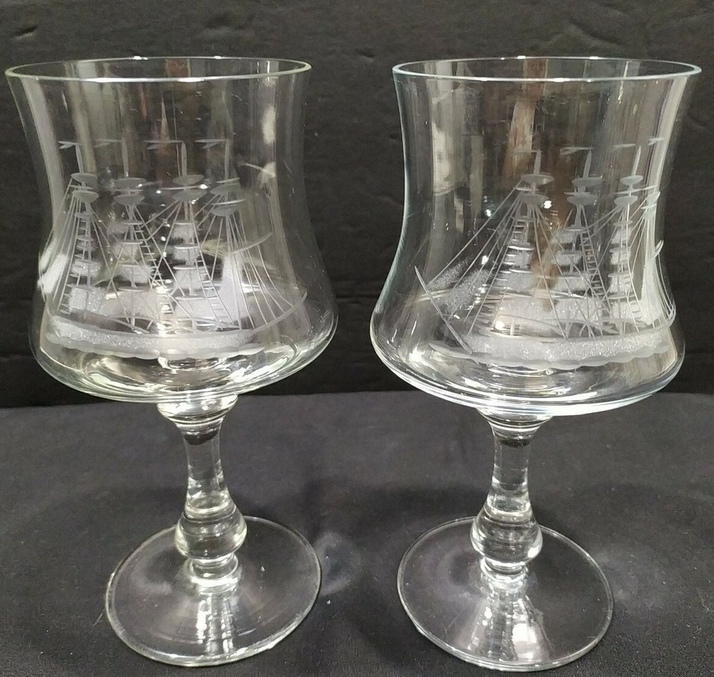 Lot 2 Crystal barware tulip shape clear Glasses ETCHED SHIP Nautical Ocean