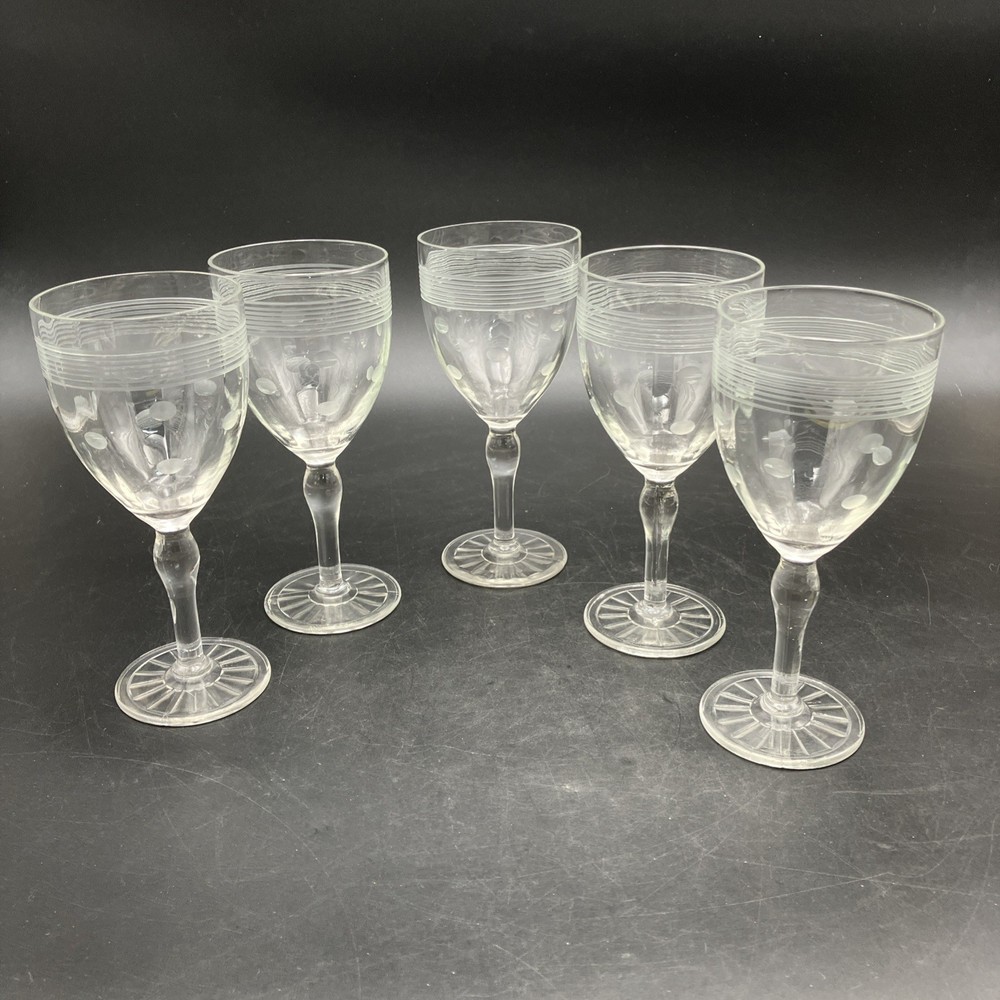5 – Standard #3001 Bulbous Stem Polka Dots & Lines Cut Water Goblet Glasses Set
