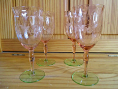 Tiffin Watermelon Pink and Uranium Green Etched Footed Cordial Glasses Set of 4