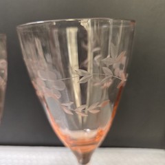 VTG Depression Glass Wine Goblets Set of 3 Etched Ribbed Rambler Rose Pink 7in