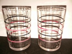 2 Vtg Mid Century Juice glasses- Colored Stripes on Clear Glass Red & blue 3.25″