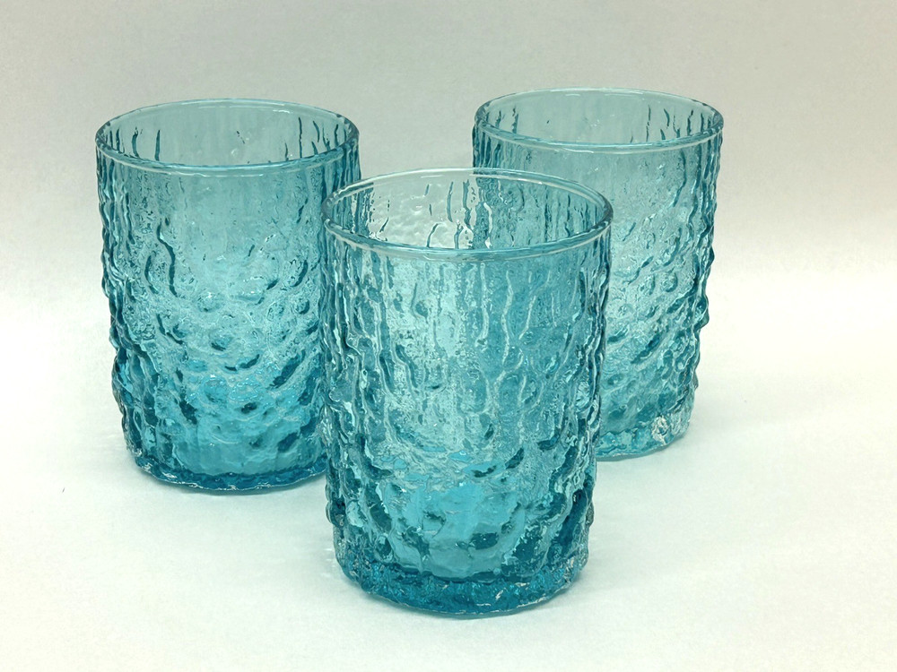 Set of 3 Blue Pheasant Frederick Aqua Blue Textured Hand Blown Glass Tumblers 4″