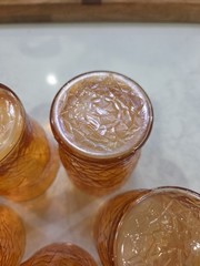Set of 5 Vintage MCM Amber Crackle Glass Tumblers Marigold Iridescent Finish