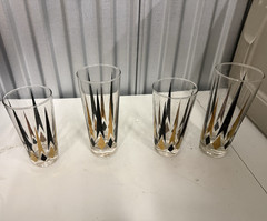 Set of 4 Highball Glasses Clear Glass Black & Gold Geometric Decor MCM