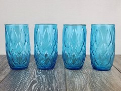 1960’s Anchor Hocking Madrid Aqua Blue Quilted Diamond Drinking Glasses Set of 4